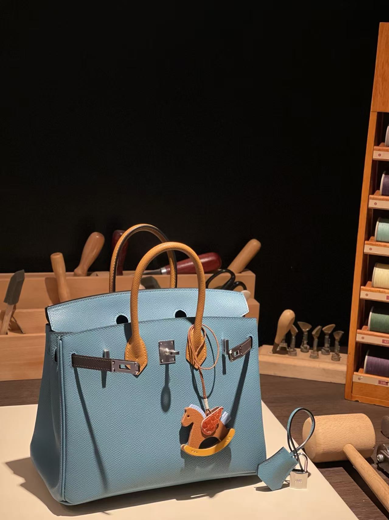  버킨 Birkin 25 앱송(国epsom) 牛仔蓝拼金棕